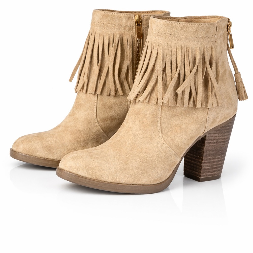 American Eagle Outfitters Tan Suede Fringe Western Booties Block Heel Sz 10